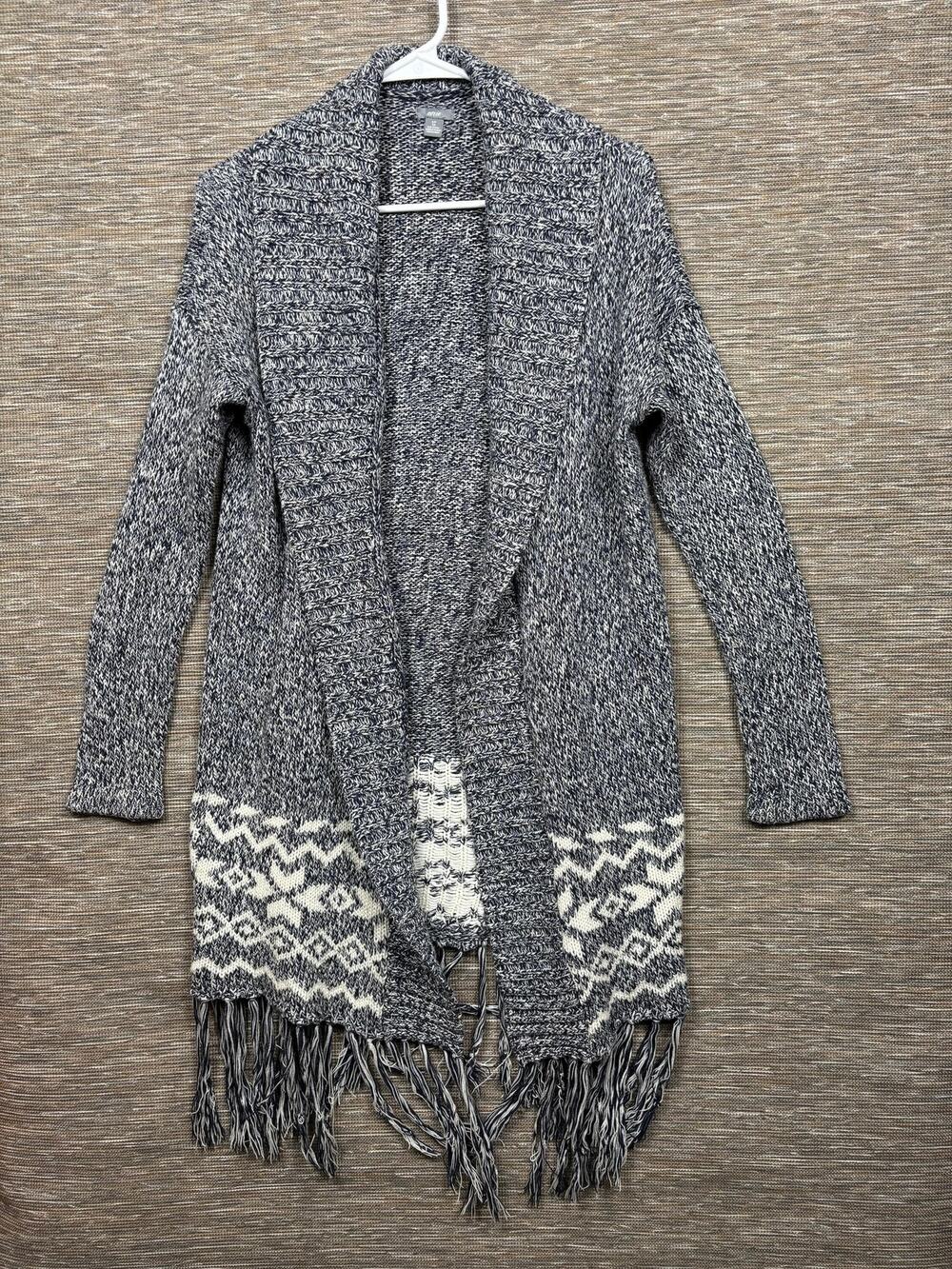 Aerie Cardigan Sweater Womens Small Gray Fair Isle Fringe Open Front Knit Boho